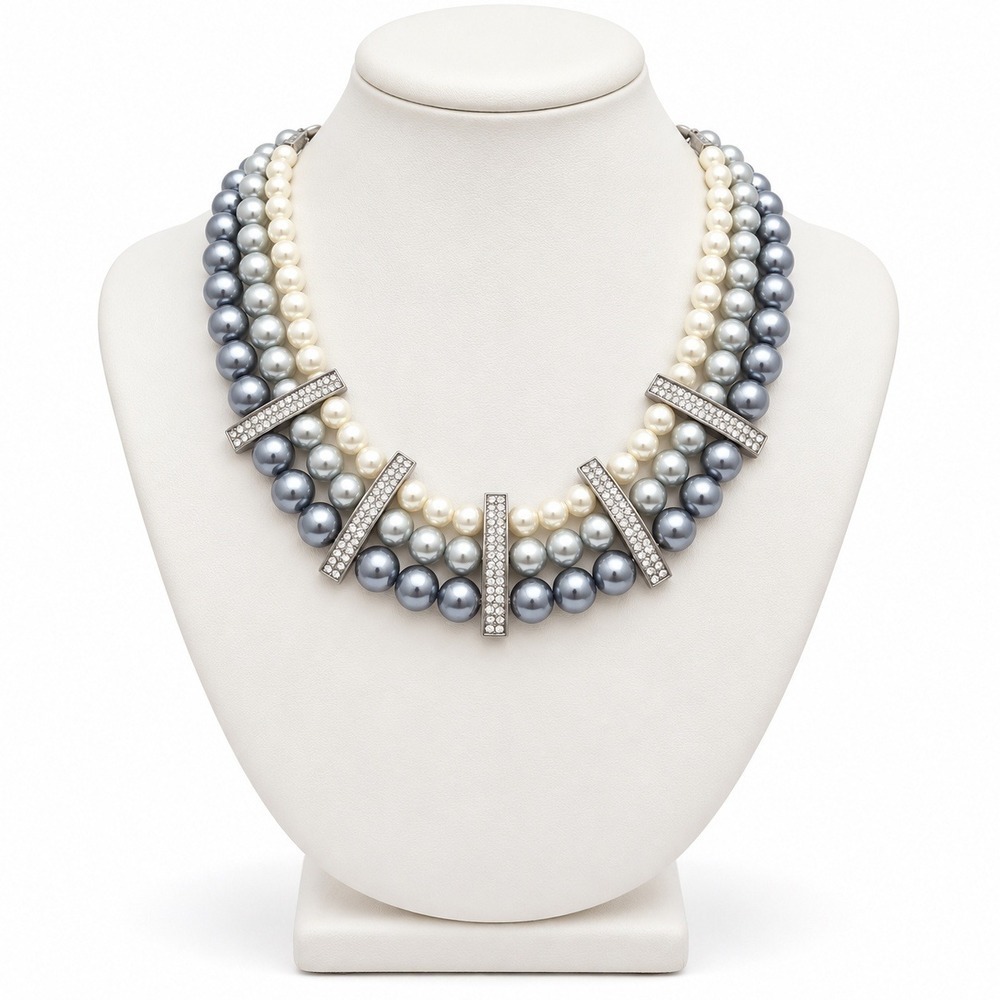 Triple Strand Faux Pearl Statement Necklace Rhinestone Bar Grey Cream 18"